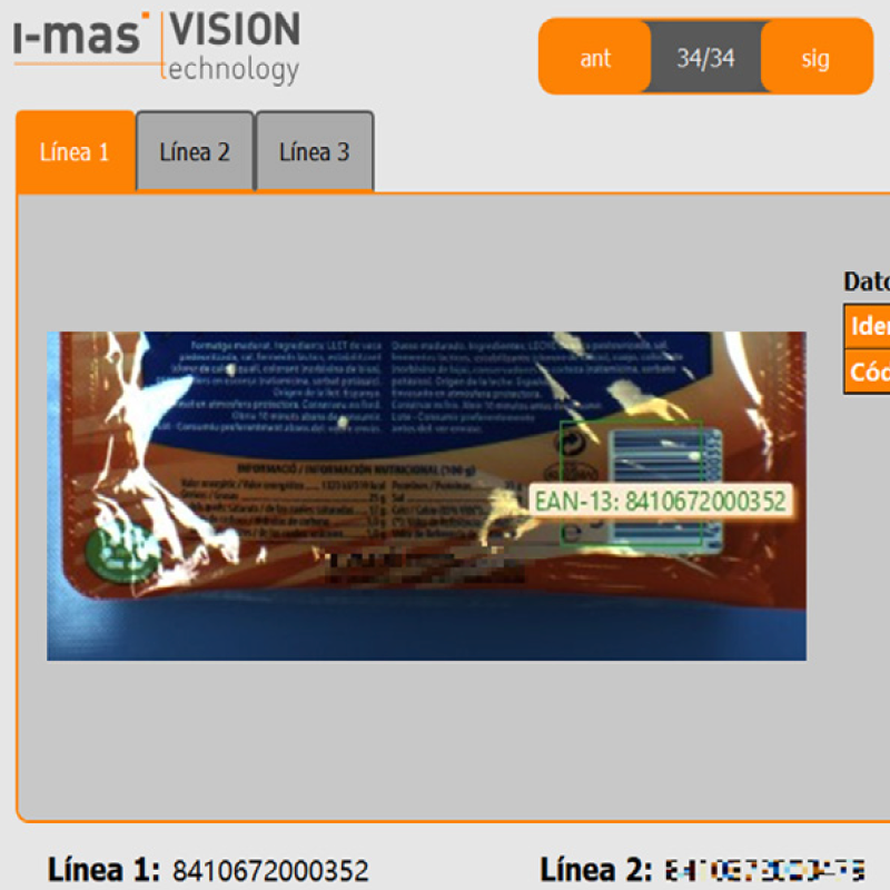 Interfaz de i-mas Vision leyendo el código EAN-13 de un alimento envasado