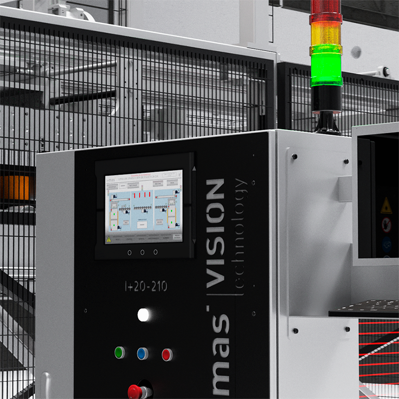Panel de control de una línea de inspección i-mas Vision con pantalla de operación y señalización luminosa