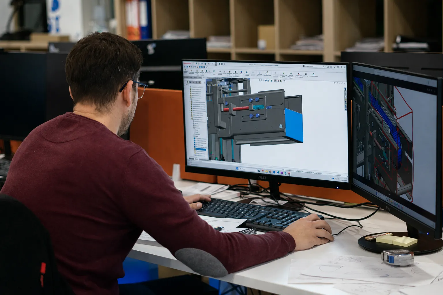 Ingeniero diseñando en CAD 3D el conjunto mecánico de una máquina a medida, con la línea completa en la segunda pantalla