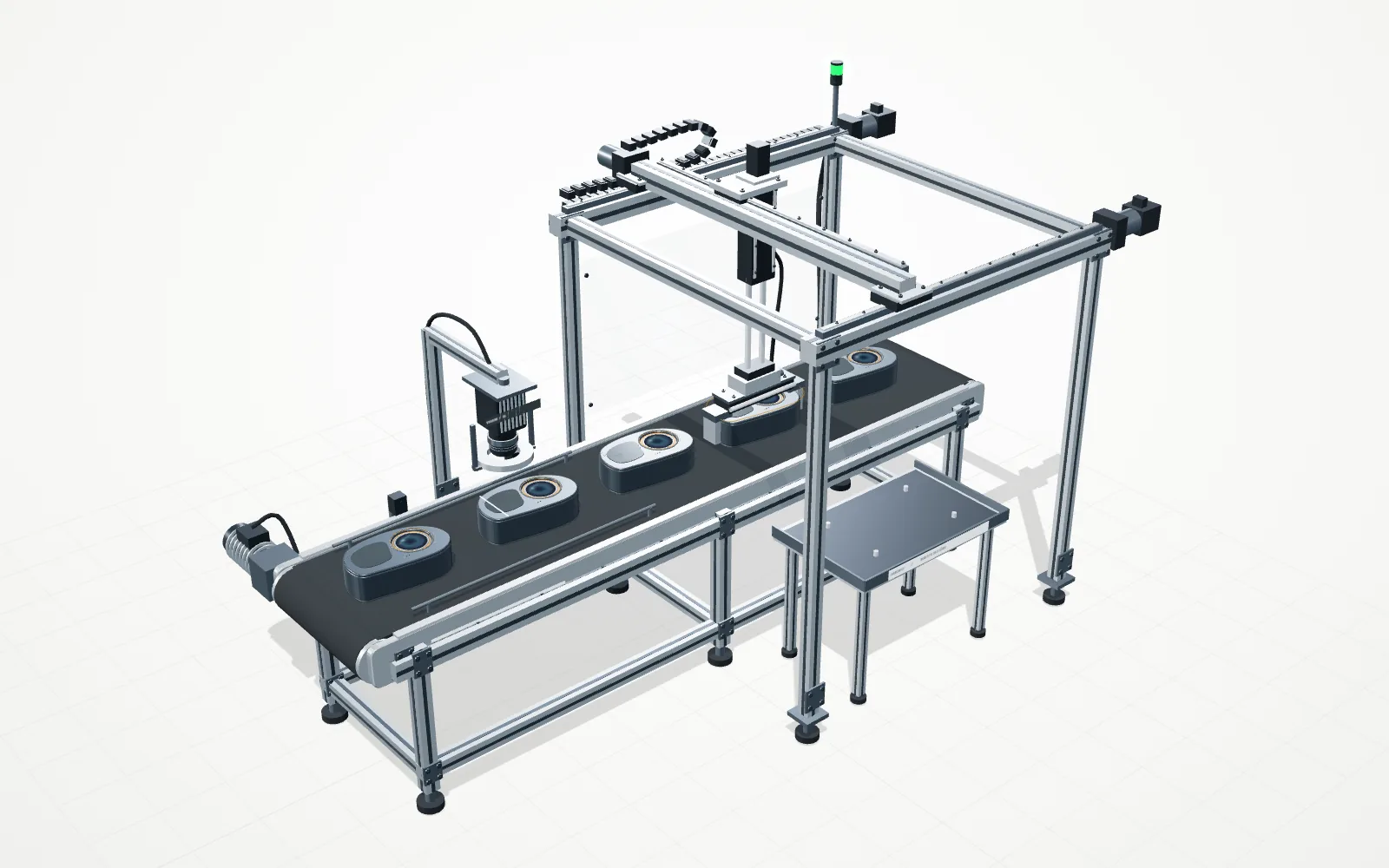 Continuous inspection cell: featuring NEXO units, an industrial camera, and a Cartesian framework collecting a single unit.