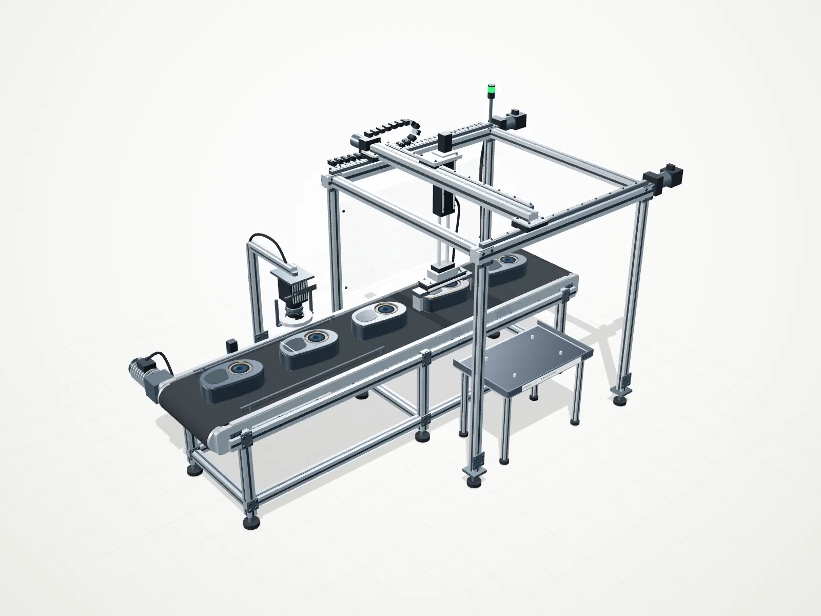 Célula industrial con cinta transportadora, cámara de inspección y pórtico cartesiano manipulando NEXO.