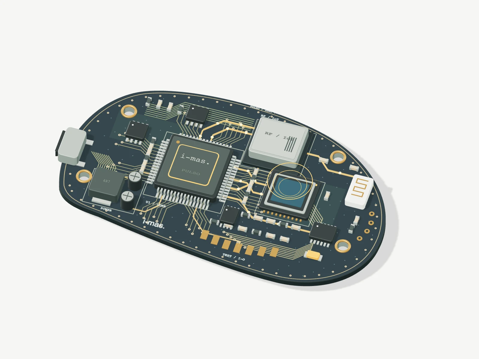 Conceptual electronic board with a microcontroller, sensor, and communication module.