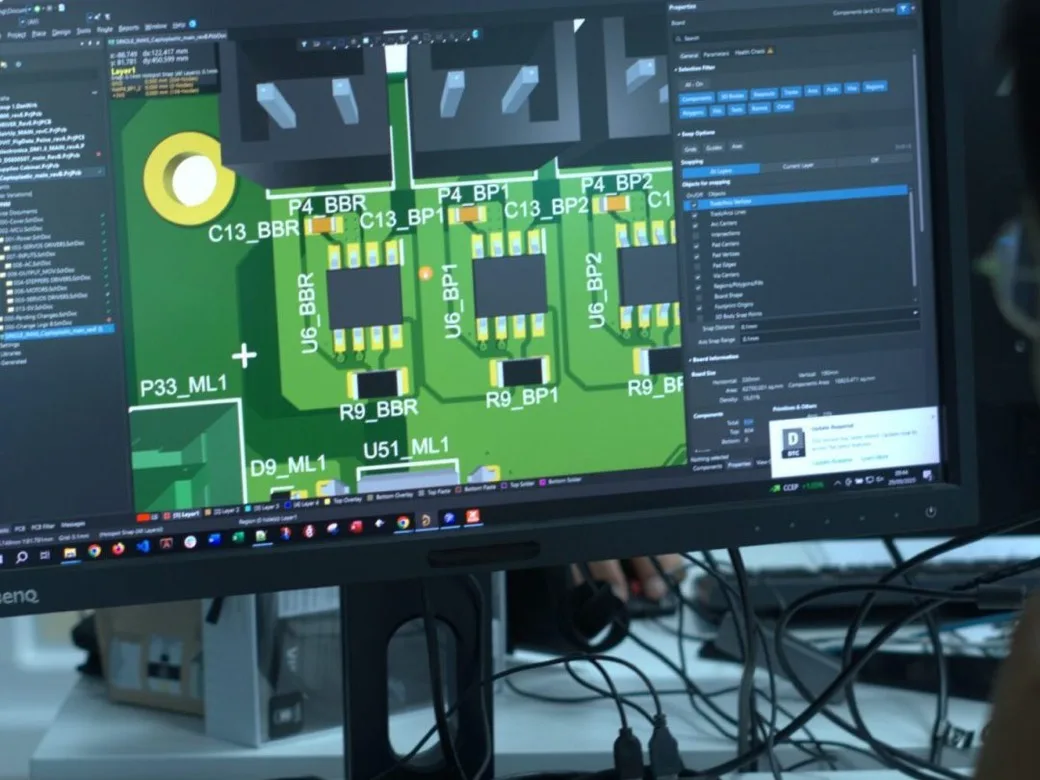 Vista 3D del layout de una PCB en Altium Designer, con los componentes y sus referencias