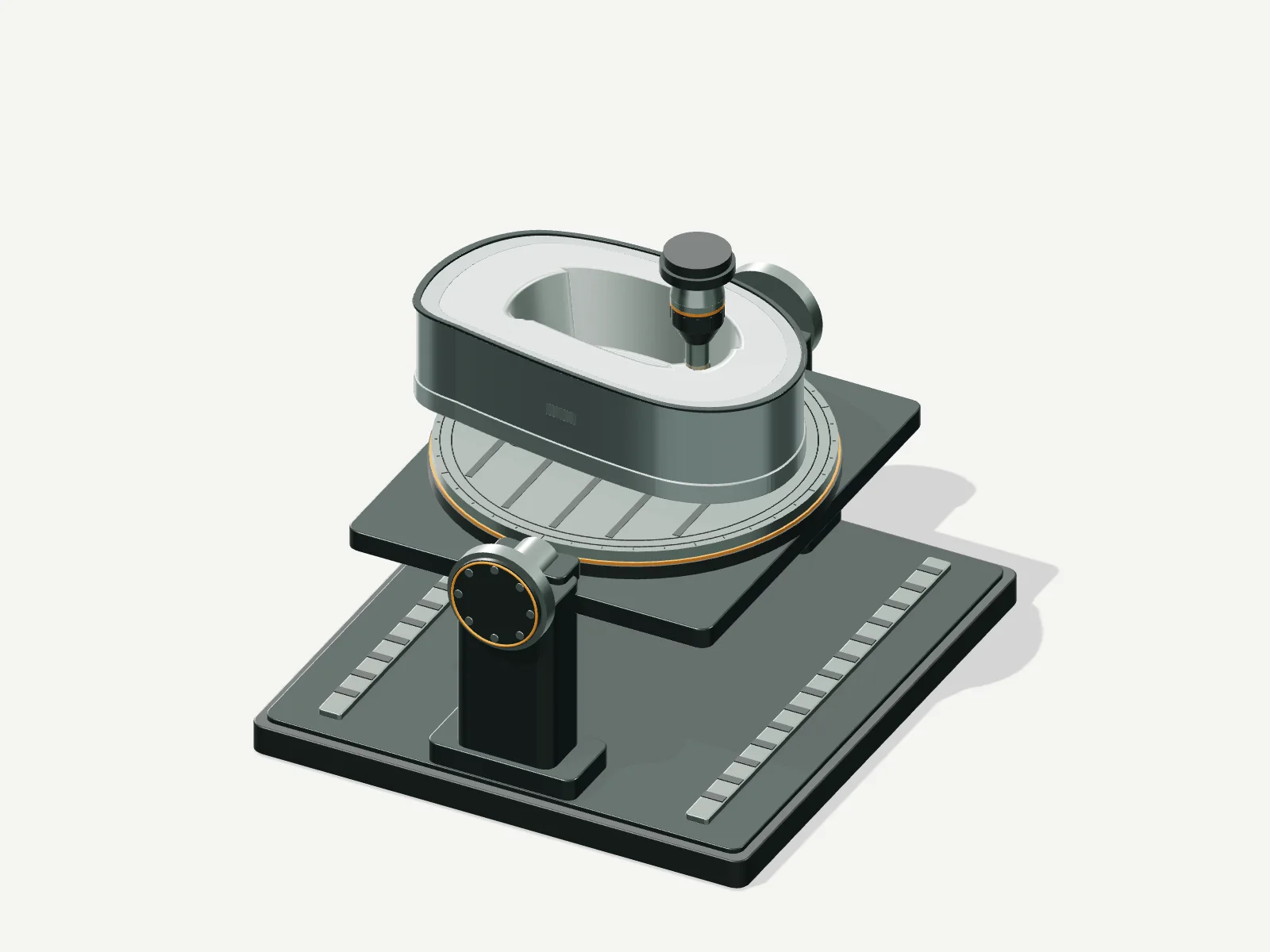Carcasa asimétrica de NEXO fijada a una mesa de cinco ejes, basculada para mecanizar su puerto lateral.