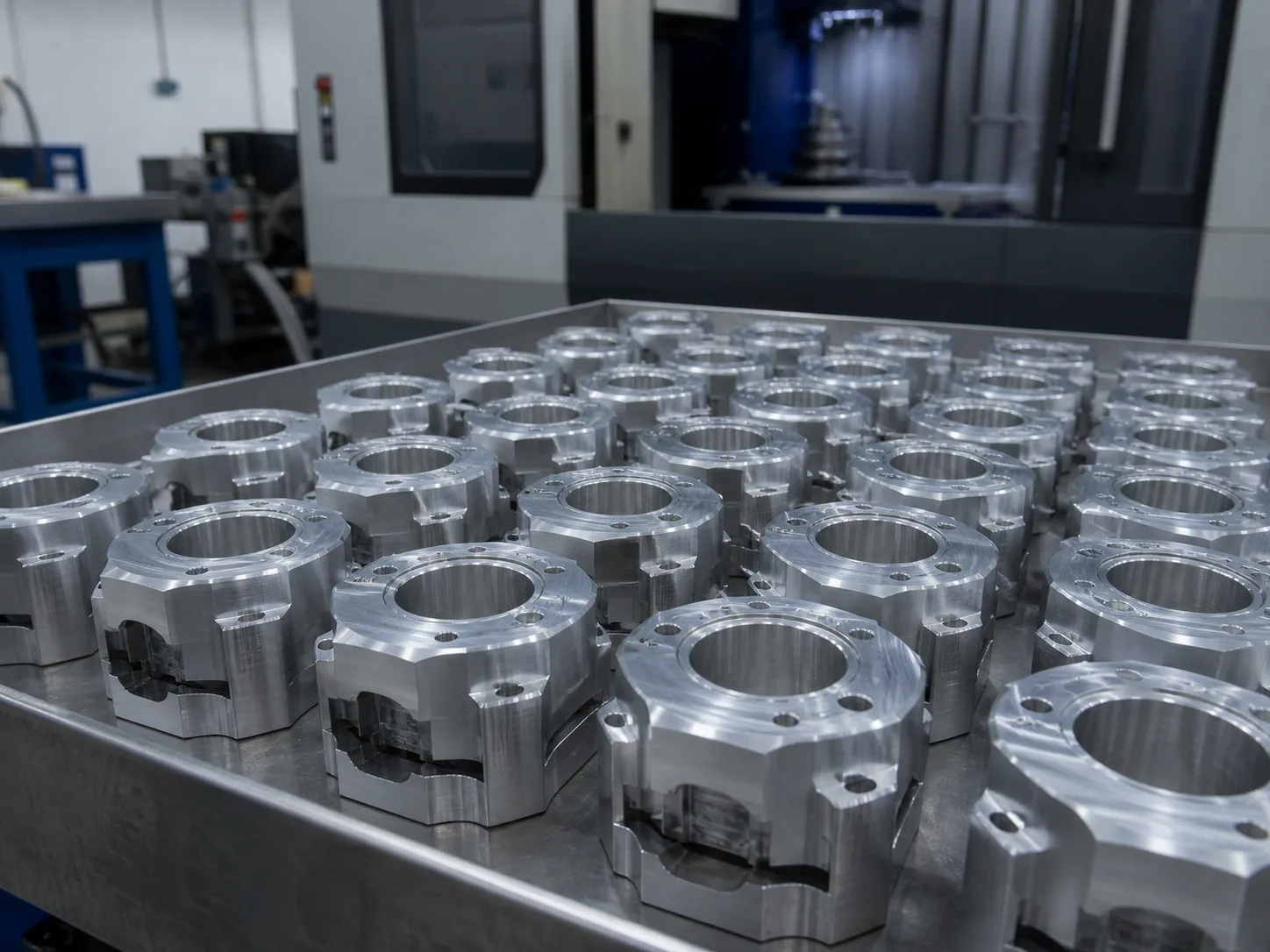 Serie de piezas de aluminio mecanizadas sobre la mesa, con el centro de mecanizado al fondo