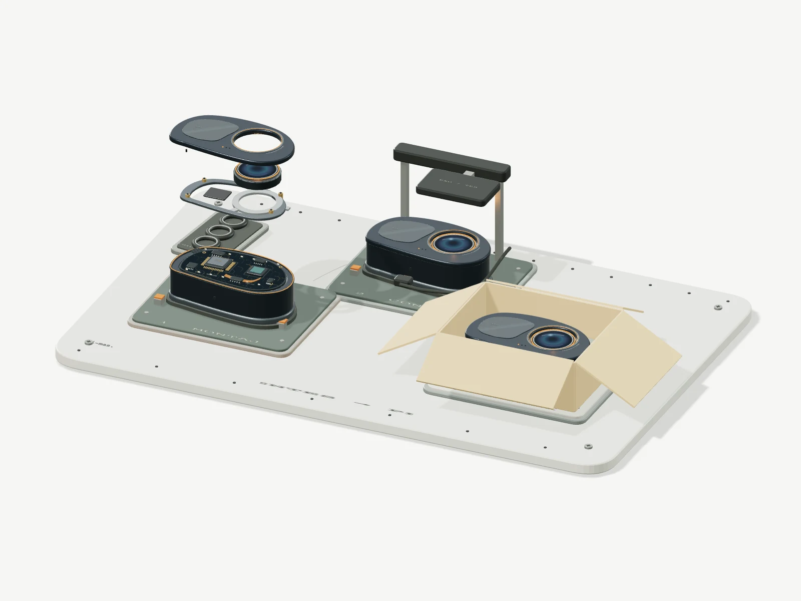 Production bank: assembly of NEXO layers, optical inspection, and packaging.