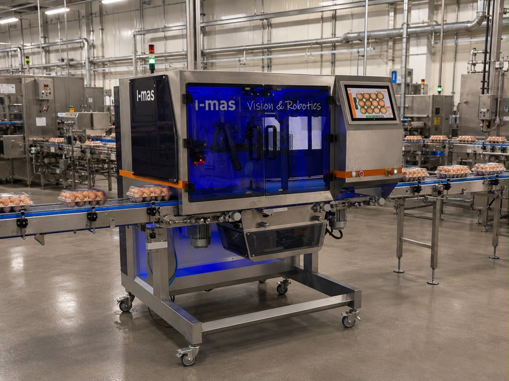 Equipo de visión artificial de i-mas inspeccionando hueveras en una línea de alimentación